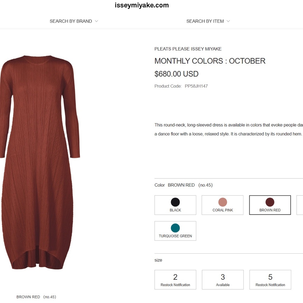 Issey Miyake Long Sleeve Dress in Brown Red